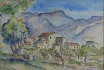 tableau Saint Florent Corse SCHIPPER  Franciscus Josephus  paysage,village  aquarelle papier 2ime moiti 20e sicle