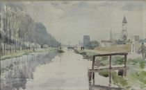tableau Le canal Flasschoen Gustave paysage,personnage,village  aquarelle papier 
