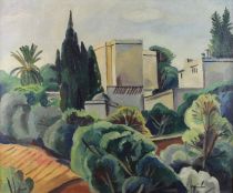 tableau Paysage à El ..... MOREAU  Jacques Gaston orientaliste,paysage,village  huile papier 1ère moitié 20e siècle