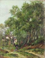 tableau Le promeneur et son chien   scène rurale  huile toile 19e siècle