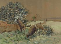 tableau Les chèvres   animaux,paysage  mixte papier 19e siècle