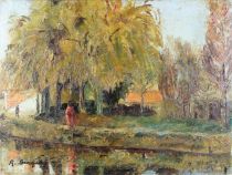 tableau Promenade  le long de l'eau Brocquesoy Raymond Léoplold paysage,personnage  huile toile 2ième moitié 20e siècle