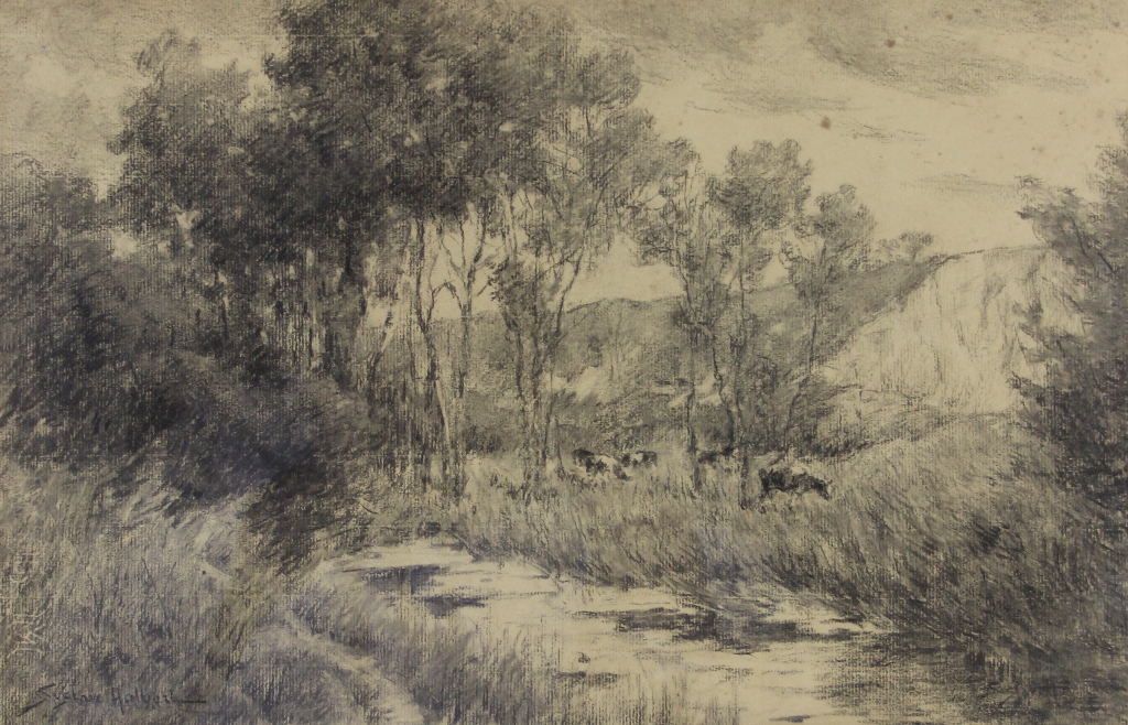 tableau Vache au pr Halbart Gustave animaux,paysage  huile papier 1re moiti 20e sicle