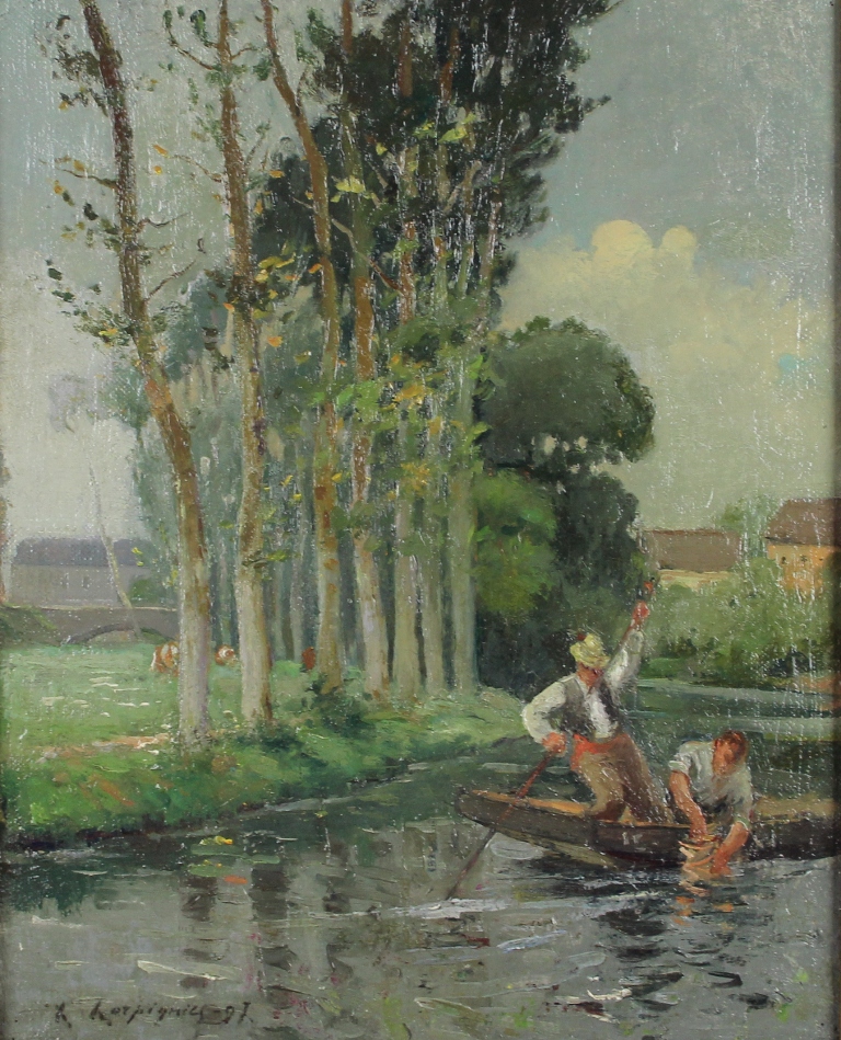 tableau Bords de l'Eure (pcheurs d'crevisses) Harpignies Henri Joseph chasse pche,paysage,personnage  huile toile 19e sicle