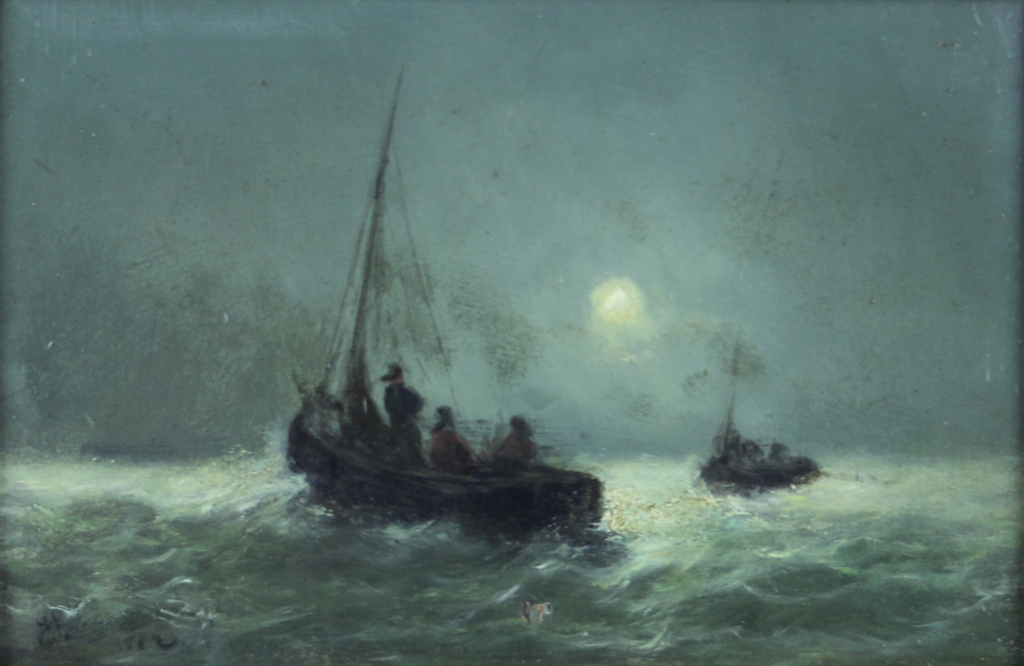 tableau Sous la lune    marine,paysage,paysage marin,personnage  huile panneau 19e siècle