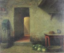 tableau Jeu de lumière  Beauck François scène d'intérieur  huile panneau 1ère moitié 20e siècle