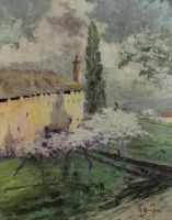 tableau Les arbres en fleures  Busa Armando  fleurs,paysage,personnage  huile toile 2ième moitié 20e siècle