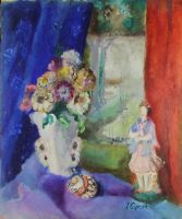 tableau La statuette et le bouquet  Capron (Van Damme) Julia nature morte  huile papier 2ième moitié 20e siècle
