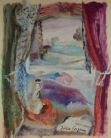 tableau Rêverie  Capron (Van Damme) Julia paysage,personnage  huile papier 2ième moitié 20e siècle