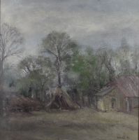 tableau La chaumière   paysage,village  huile toile 2ième moitié 20e siècle