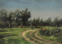 tableau Le chemin de promenade    personnage  huile panneau 19e siècle