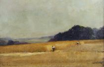 tableau Moisson à Grimberghen Ragmey Eugène paysage,personnage,scène rurale  huile toile 1ère moitié 20e siècle