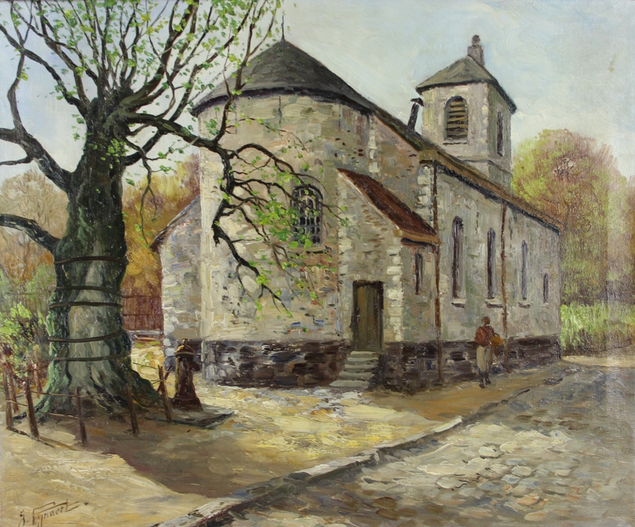 tableau Sur le chemin de la chapelle  Pynaert Gustav personnage,village,glise  huile toile 1re moiti 20e sicle