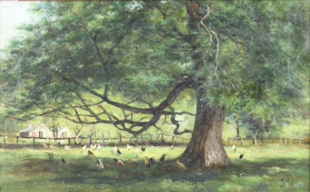 tableau La basse cour Crehay  Grard-Antoine animaux,paysage  huile toile 1re moiti 20e sicle