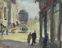 tableau Vue de ville (Liège ?) Renson Toussaint personnage,ville  huile carton 2ième moitié 20e siècle