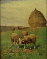 tableau Les moutons Van Leemputten Cornelis (Corneille) paysage  huile panneau 1re moiti 20e sicle