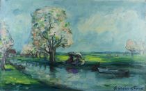 tableau Au bord de l'eau Gorus Stephan paysage,personnage,scne rurale  huile toile 2ime moiti 20e sicle