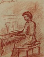 tableau La pianiste Gorus Stephan musique,personnage  sanguine papier 2ime moiti 20e sicle
