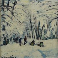 tableau Promenade d'hiver Gorus Stephan paysage,personnage  huile triplex 2ime moiti 20e sicle