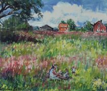 tableau Le champs de fleures Gorus Stephan fleurs,paysage,personnage,scne rurale  huile carton 2ime moiti 20e sicle