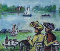tableau Promenade au lac Gorus Stephan paysage,personnage,scne de genre  huile papier 2ime moiti 20e sicle