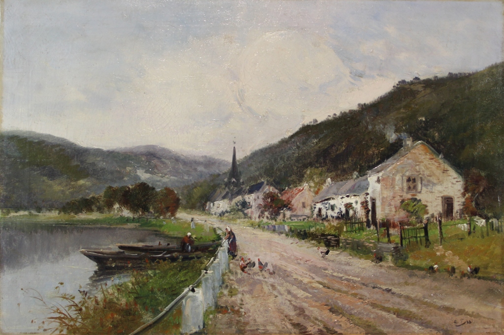 tableau Bord de Meuse   paysage,scène rurale,village  huile toile 1ère moitié 20e siècle