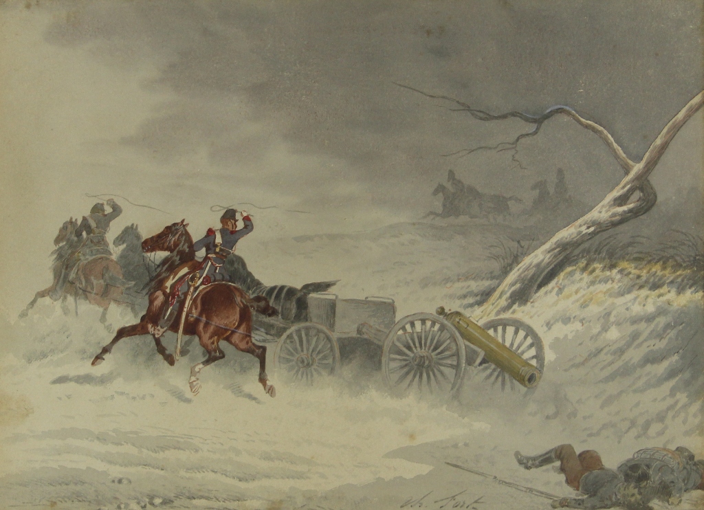 tableau Dplacement du canon  FORT Theodore animaux,militaire,personnage  aquarelle papier 19e sicle