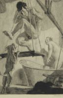 tableau Sortie de bain dangereuse  Decisy Eugène animaux,personnage,scène de genre  estampe papier 1ère moitié 20e siècle