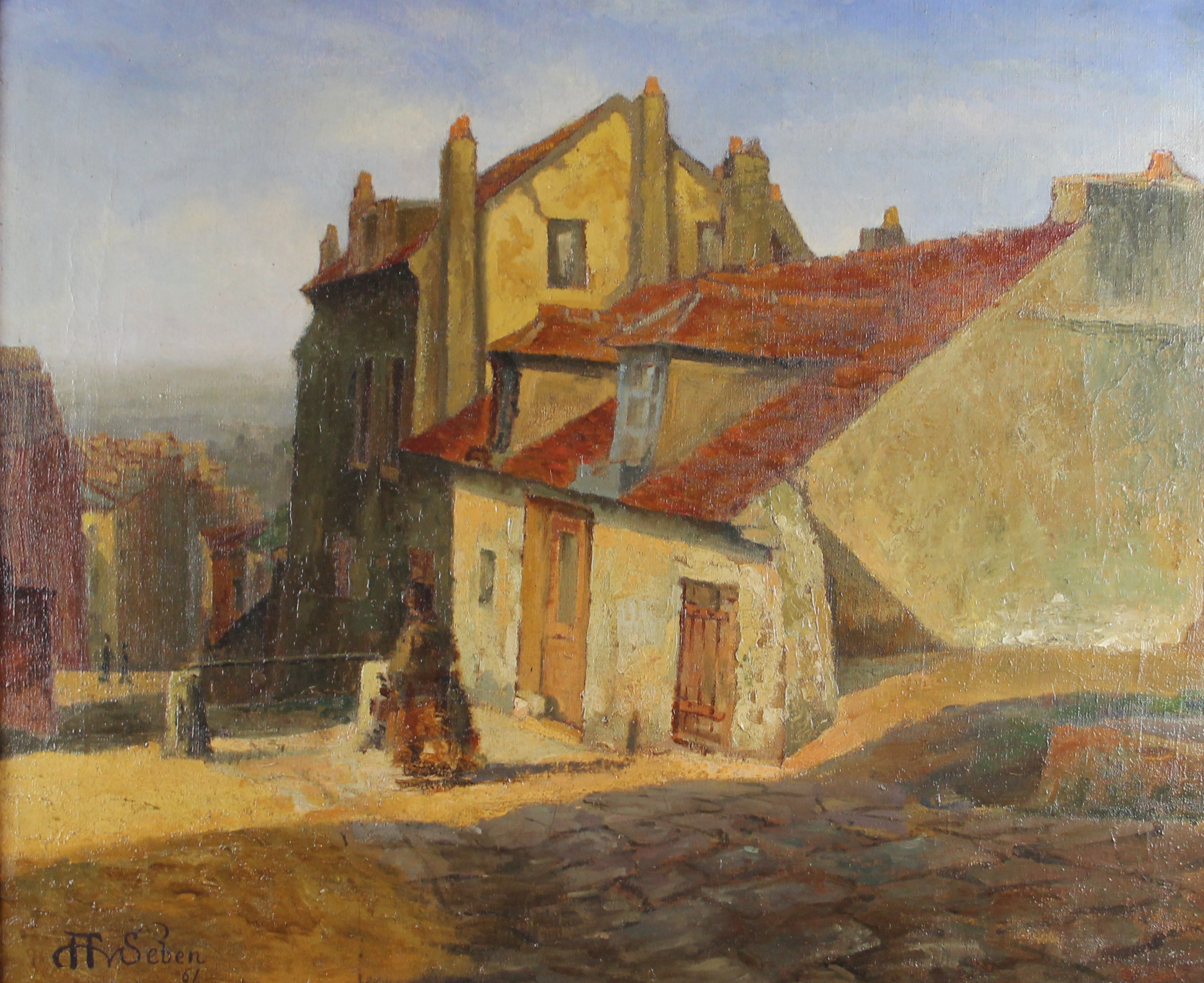 tableau Descente sur la ville Van Seben Henri paysage,personnage,ville  huile toile 19e sicle