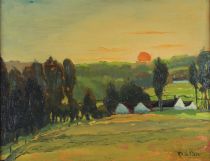 tableau Couché de soleil De Porre Clément paysage  huile panneau 1ère moitié 20e siècle