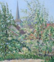 tableau Matin  Vuippens (Gruyre) Nisot Pierre  paysage,village,glise  huile carton 1re moiti 20e sicle