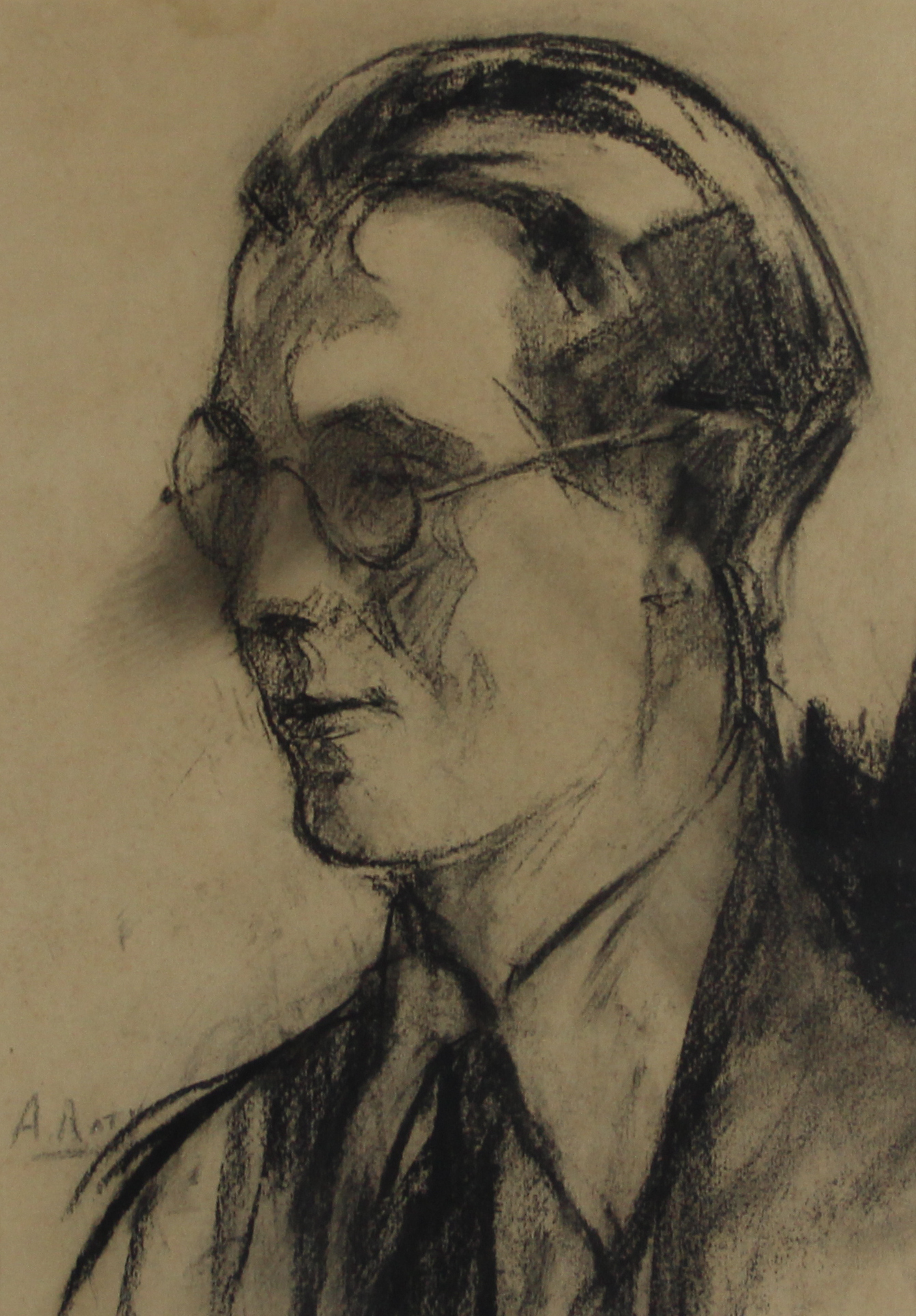 tableau Portrait d'homme aux lunettes Raty Albert personnage,portrait  fusain papier 1re moiti 20e sicle