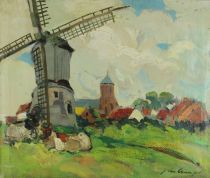 tableau Le moulin et l'glise de Knock Van Cleemput Jean paysage,village  huile toile 1re moiti 20e sicle