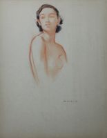 tableau Femme aux cheveux noirs Swyncop Philippe nu,portrait  fusain papier 1re moiti 20e sicle