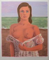 tableau La fille au seins nus Duterme Roger marine,nu,personnage  estampe papier 2ième moitié 20e siècle