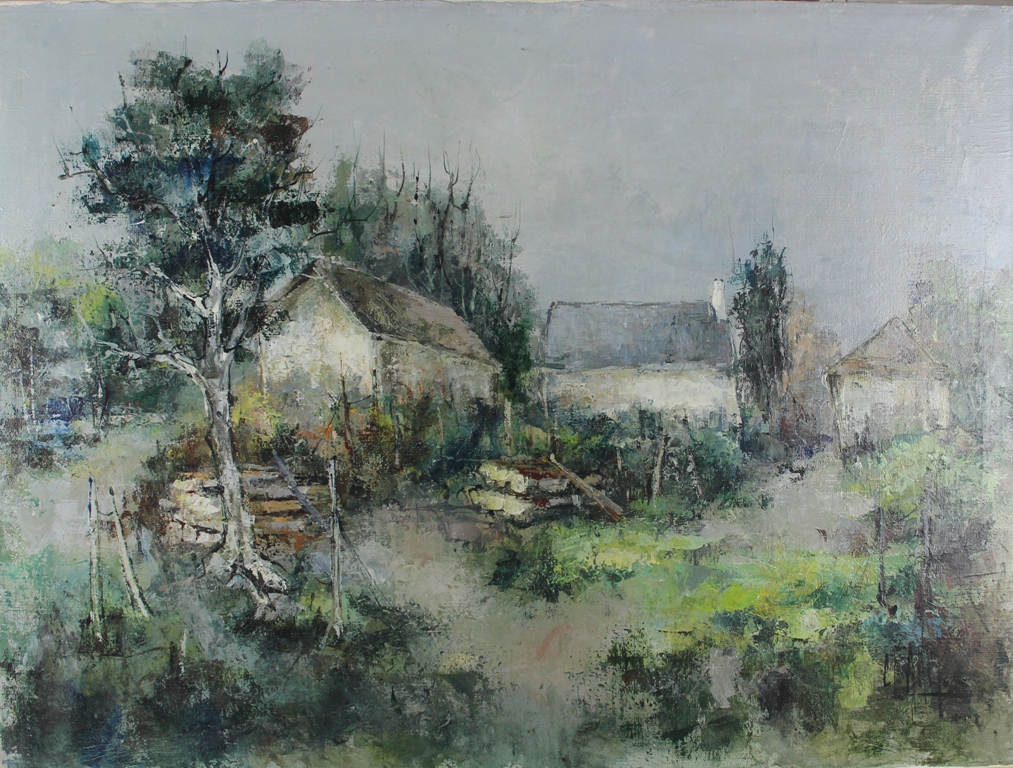 tableau Le hameau    paysage,village  huile toile 2ième moitié 20e siècle