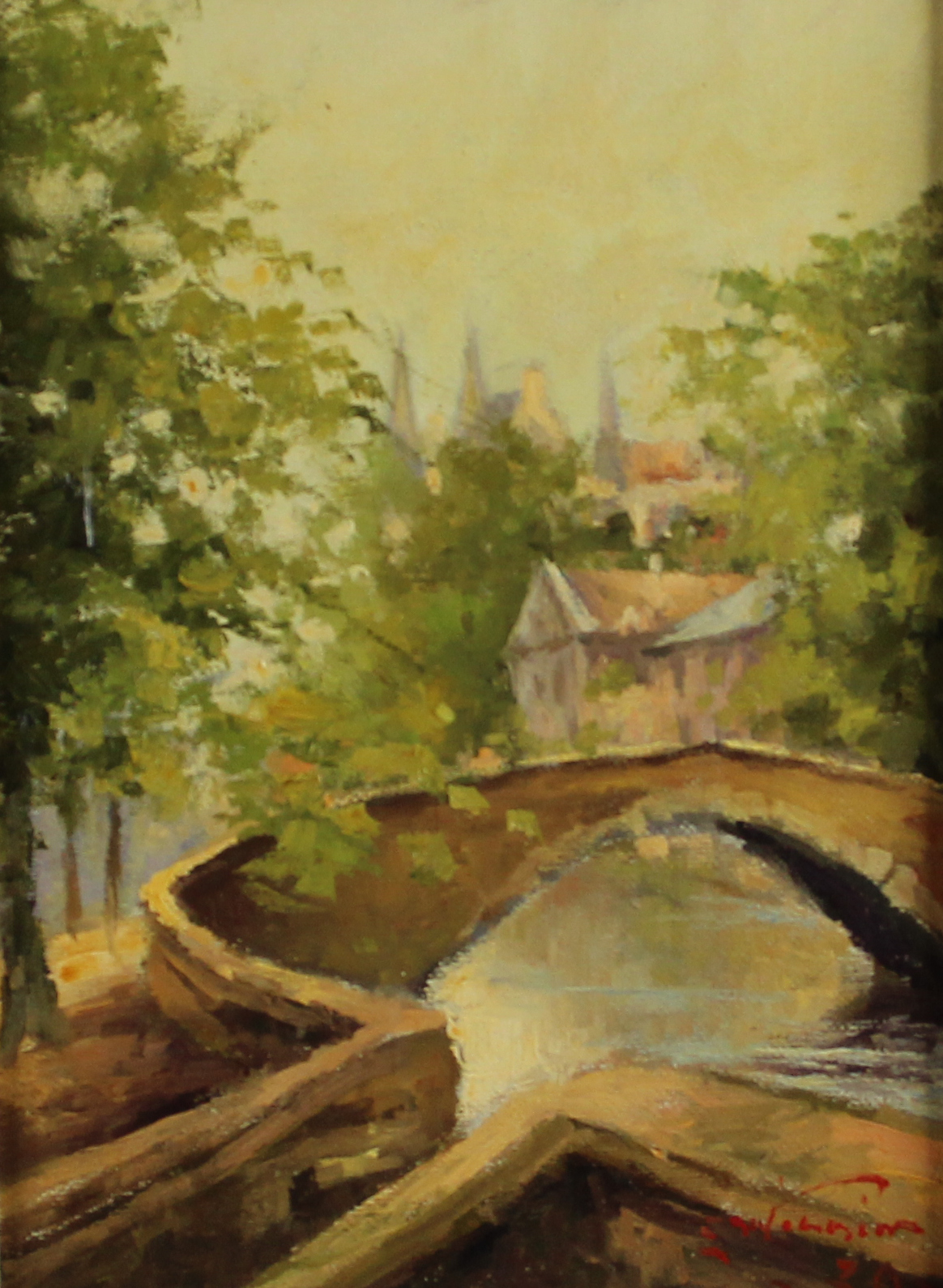 tableau Le petit pont à Bruges   ville  huile toile 2ième moitié 20e siècle