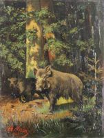 tableau Harde de sangliers André  animaux,sous-bois  huile toile 19e siècle