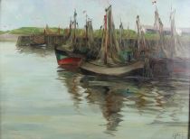 tableau Bateaux  Zeebruges  Huon Armand marine,paysage,paysage marin  huile panneau 1re moiti 20e sicle