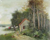 tableau Le long de l'eau Rey  marine,paysage,personnage,scène rurale  huile toile 19e siècle