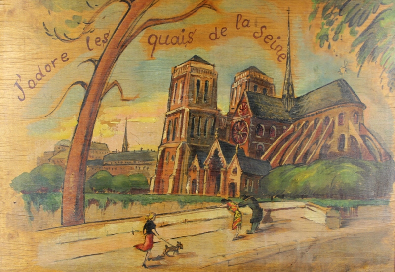 tableau Quai de seine   personnage,ville  huile triplex 2ième moitié 20e siècle