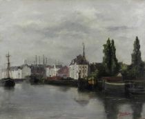 tableau Le port  Bogaerd Herman marine,ville  huile toile 19e siècle