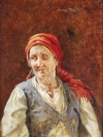 tableau Femme au foulard Portielje Gérard personnage,portrait  huile toile 19e siècle