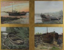 tableau Les bateaux du canal Van Hamme A marine,paysage  huile maroufl 1re moiti 20e sicle