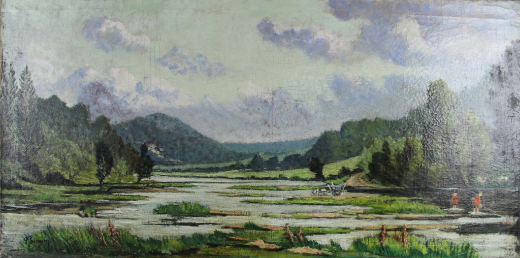 tableau La meuse Sterpin Paul paysage,personnage,scne de genre  huile toile 1re moiti 20e sicle