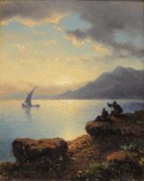 tableau Un bonjour de la rive Holmstedt Johann paysage,paysage marin,personnage  huile panneau 19e sicle