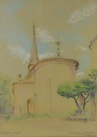 tableau Saint Cernin de Labarde Van Eeckhout Ernest-Bernardin village,glise  mixte papier 1re moiti 20e sicle
