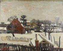 tableau Le village sous la neige Vinck Jozef paysage,village  huile marouflé 1ère moitié 20e siècle