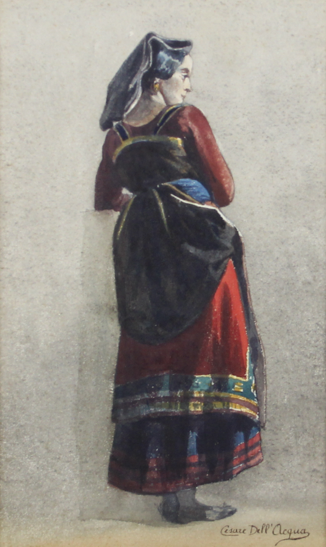 tableau Femme au foulard  Dell'Acqua César personnage  aquarelle papier 19e siècle