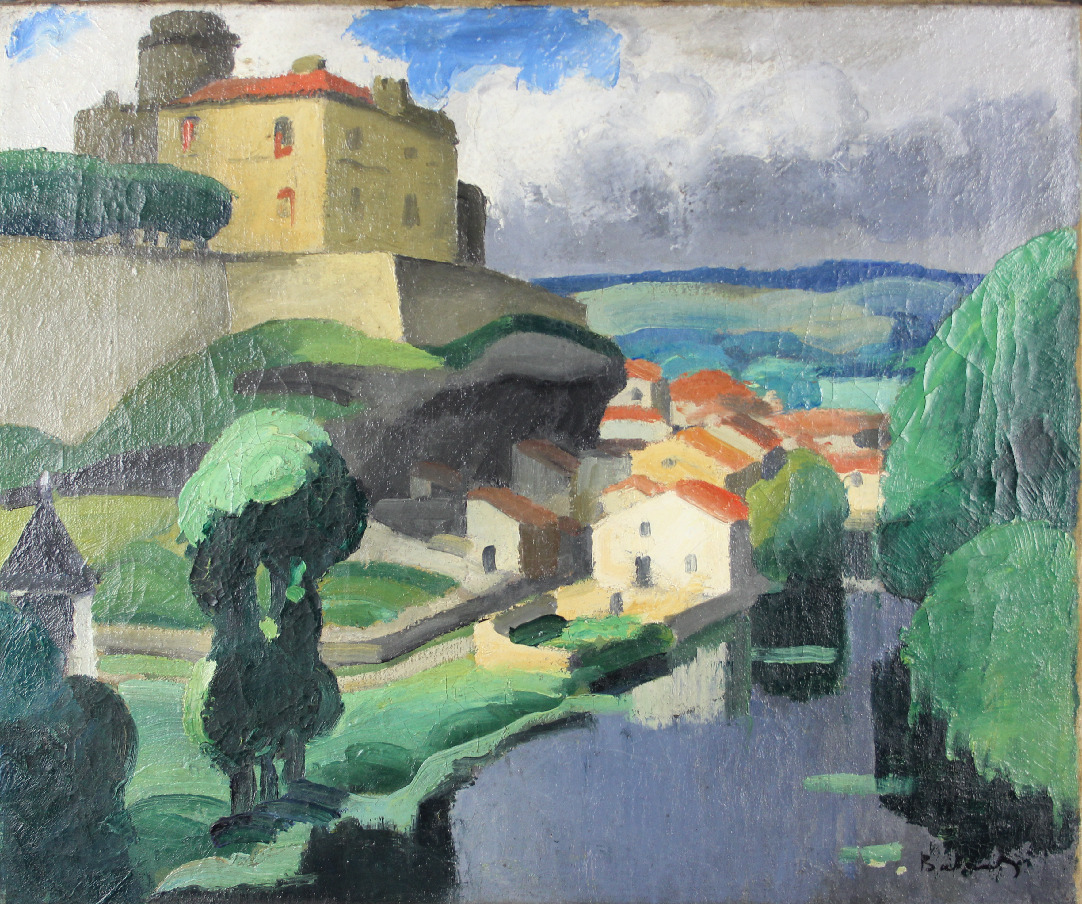 tableau Vue du château de Bourdeille Balande  Georges paysage,ville  huile toile 1ère moitié 20e siècle